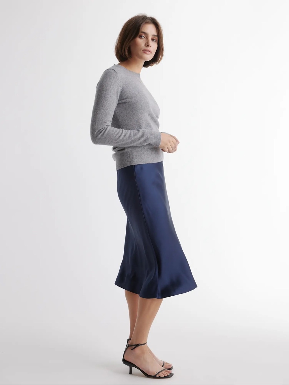 Quince Navy 100% Silk Midi Slip Skirt